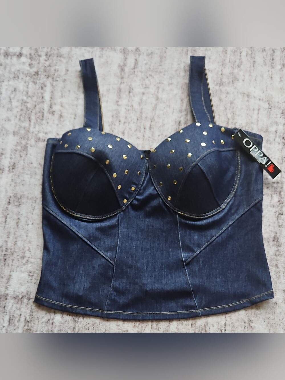 Stud-Embellished Dark Blue Denim Bustier Top
